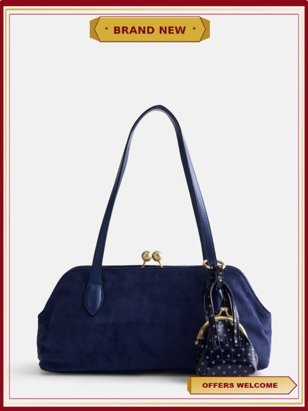 Faux Suede Shoulder Bag with Mini Bag Charm